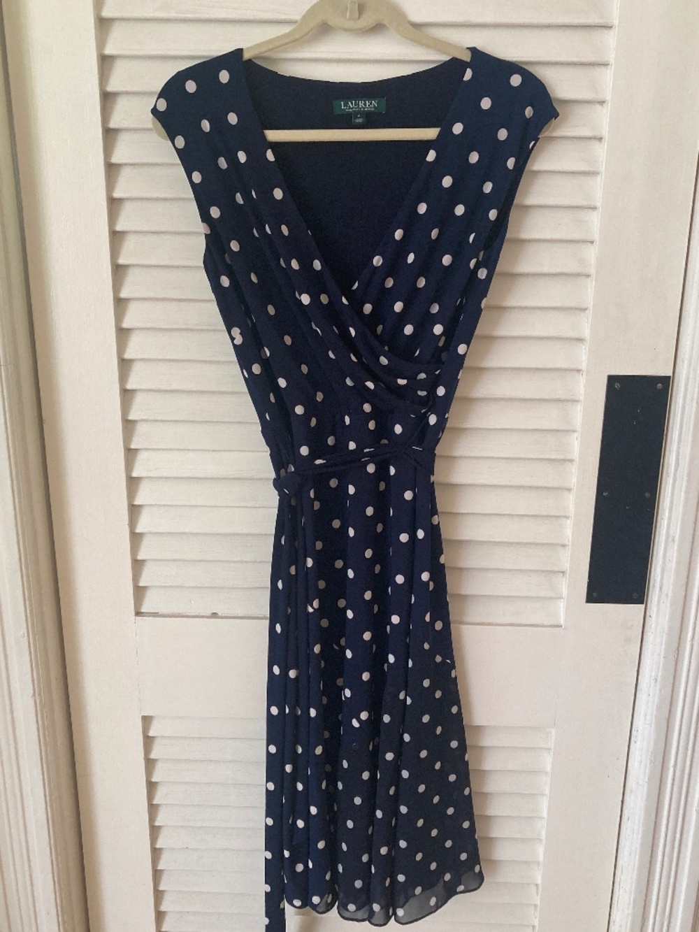 Ralph Lauren Navy and White Polka Dot Sleeveless Summer Wrap Dress w/Belt Size 4